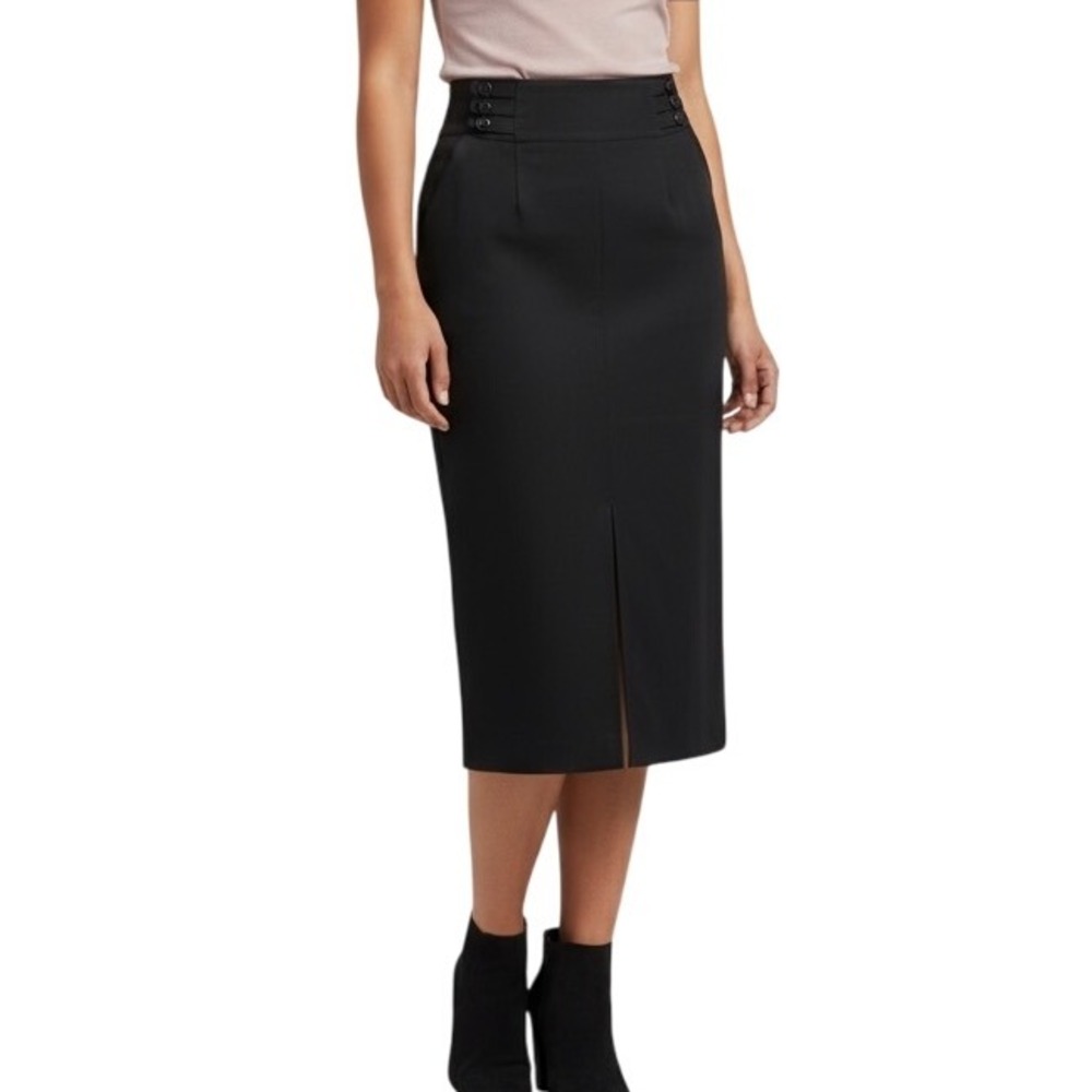 Anthropologie Midi‎ Skirt Women Sz 6 Black Linen Blend Front Slit Side Pockets